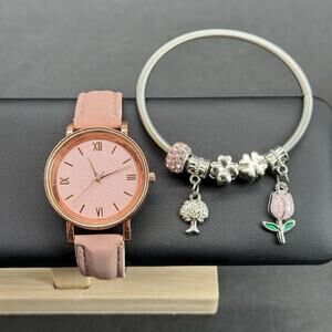 Women’s Pink Watch and Charm Bracelet 2pc Gift Set Rose Gold Tone Casual Quartz